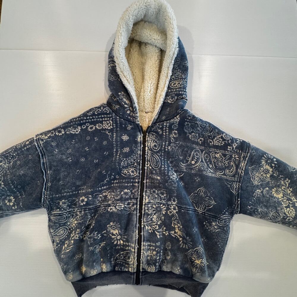 Free People Billie Jacket XS Blue Paisley Sherpa Lined Zip Hoodie Crop Oversized - Picture 10 of 16